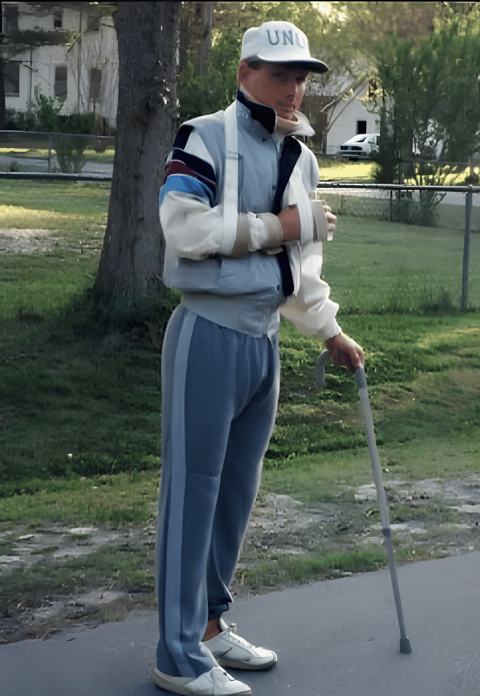 Michael J. Bowen walking as his part of recovery after a devastating car crash.