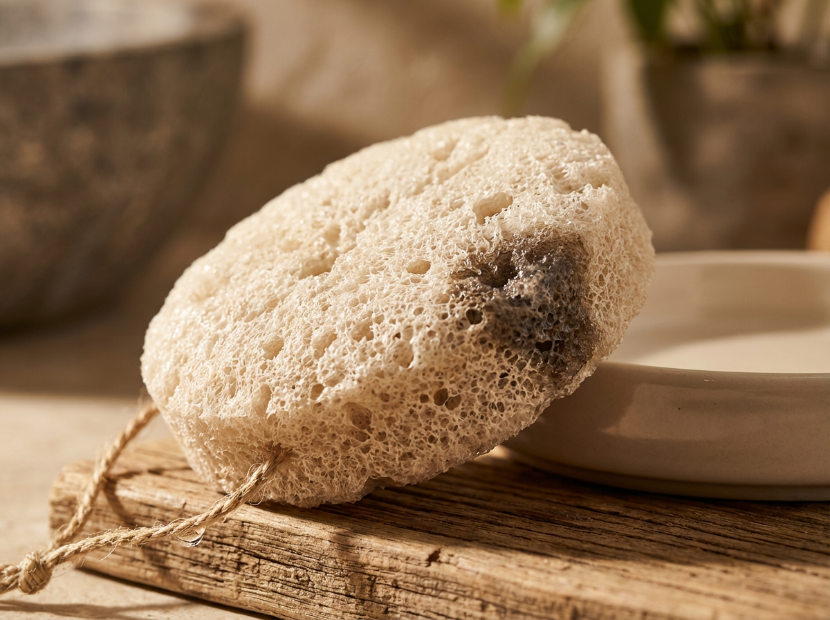 A natural loofah sponge resting on a wooden surface next to a white bowl.