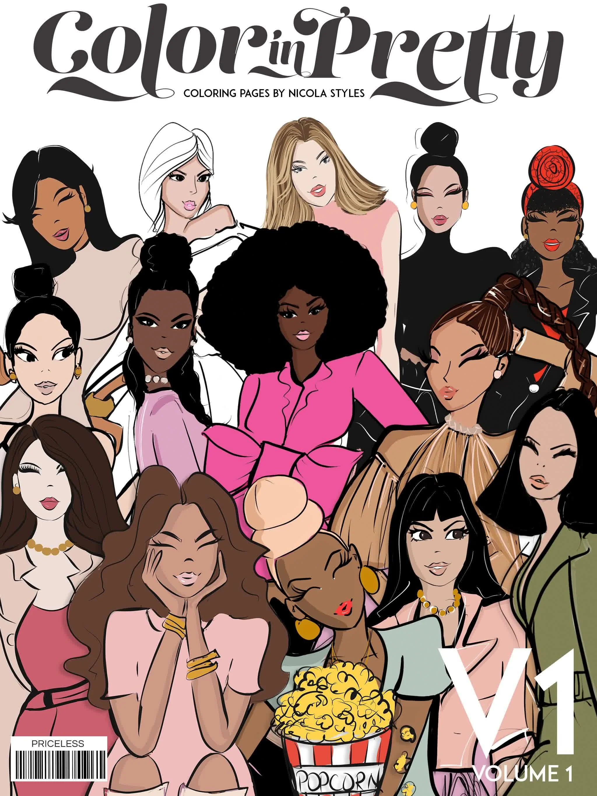 Color In Pretty Volume 1 coloring book cover featuring original diverse illustrated Dollie characters by Nicola Styles