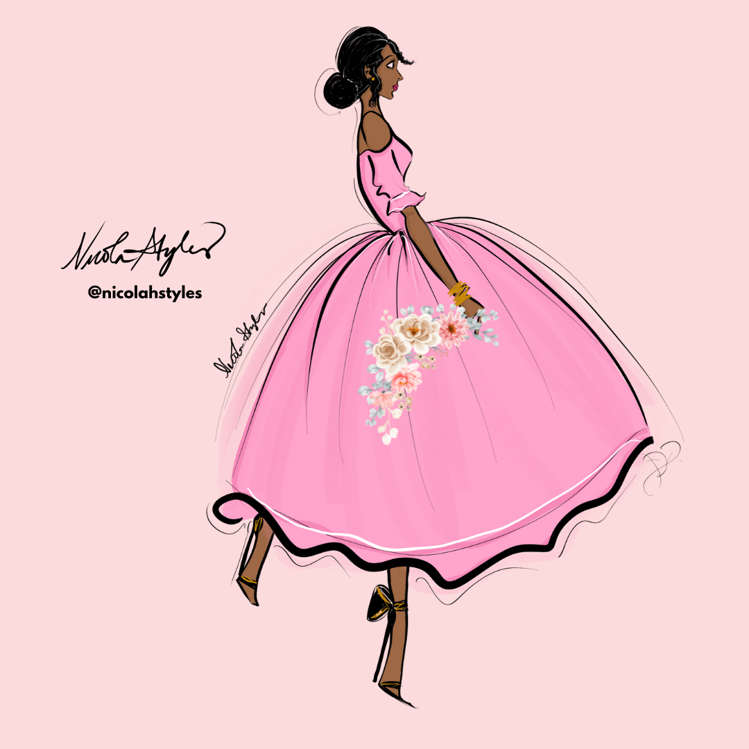 Digital illustration of a fashionable woman in a pink ball gown with floral accessories, holding a bouquet, against a pink background.
