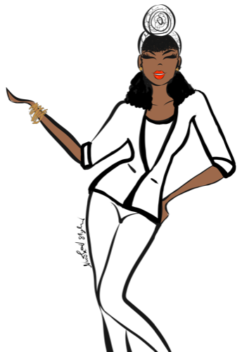 Digital illustration of a stylish woman with dark hair styled in an updo, wearing earrings, a black top, and pants; accessorized with gold jewelry, including bangles, a necklace, and earrings, against a black background.