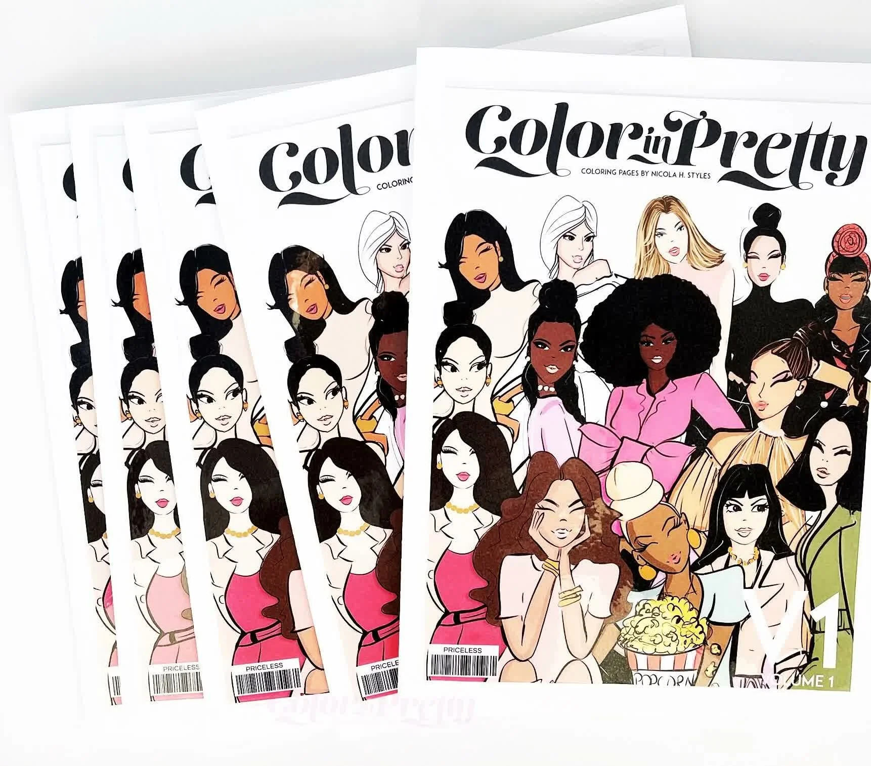 Multiple coloring pages featuring diverse women illustrating fashion, hair, and accessories from the book "Color in Pretty".