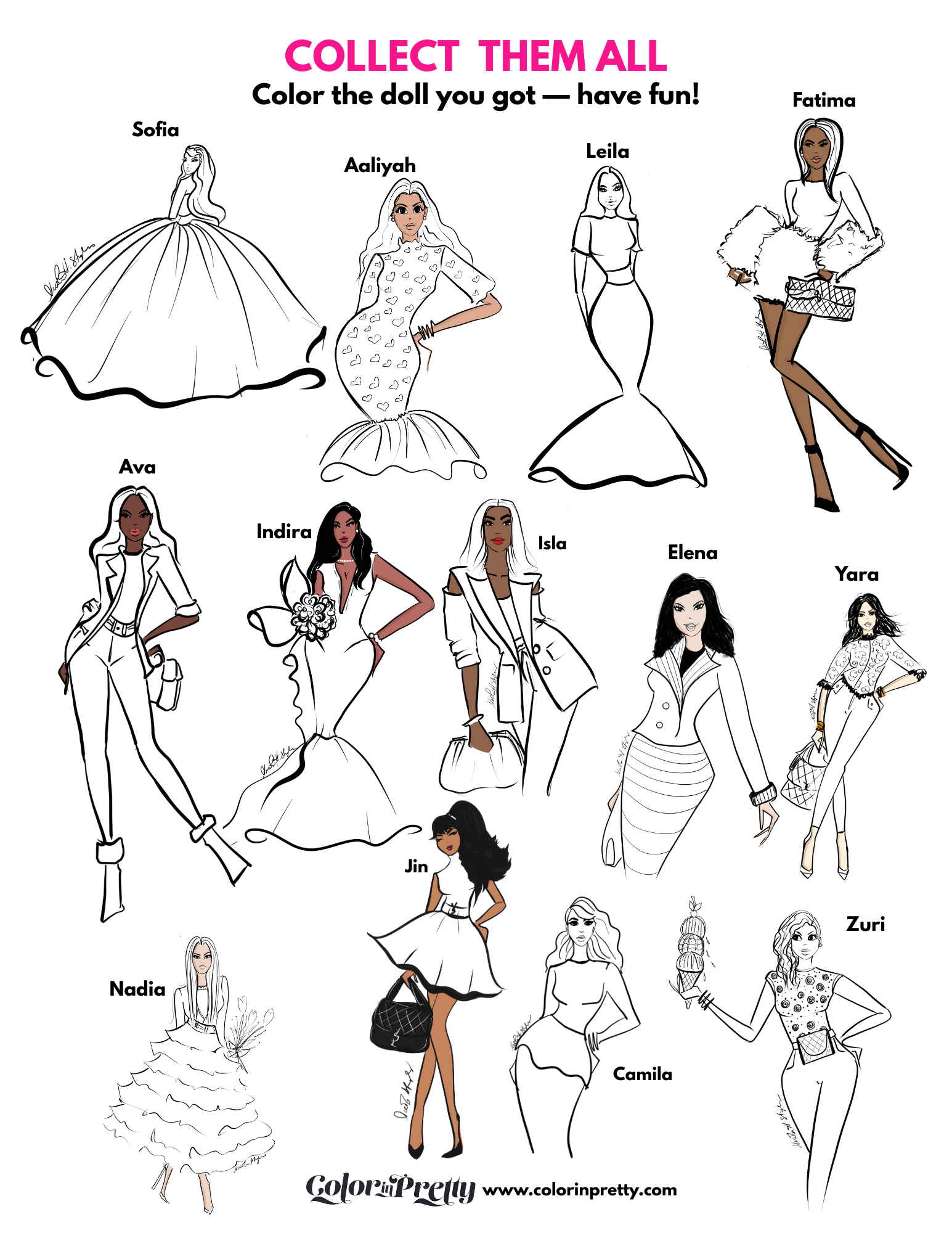 The Dollies character reference sheet of original illustrated coloring characters by Nicola Styles