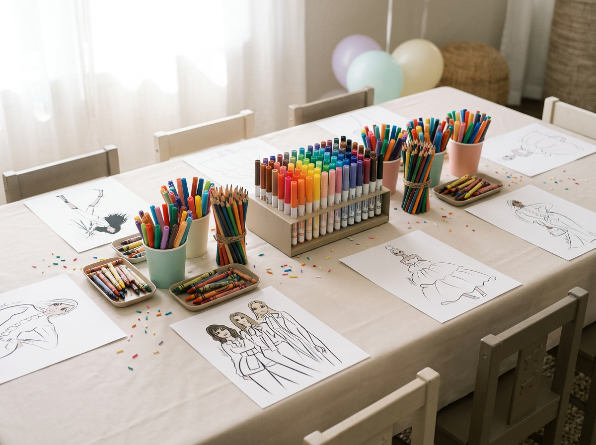 A table set up for a children's coloring party with coloring pages, colored markers, crayons, and sprinkles, in a room with balloons and curtains.