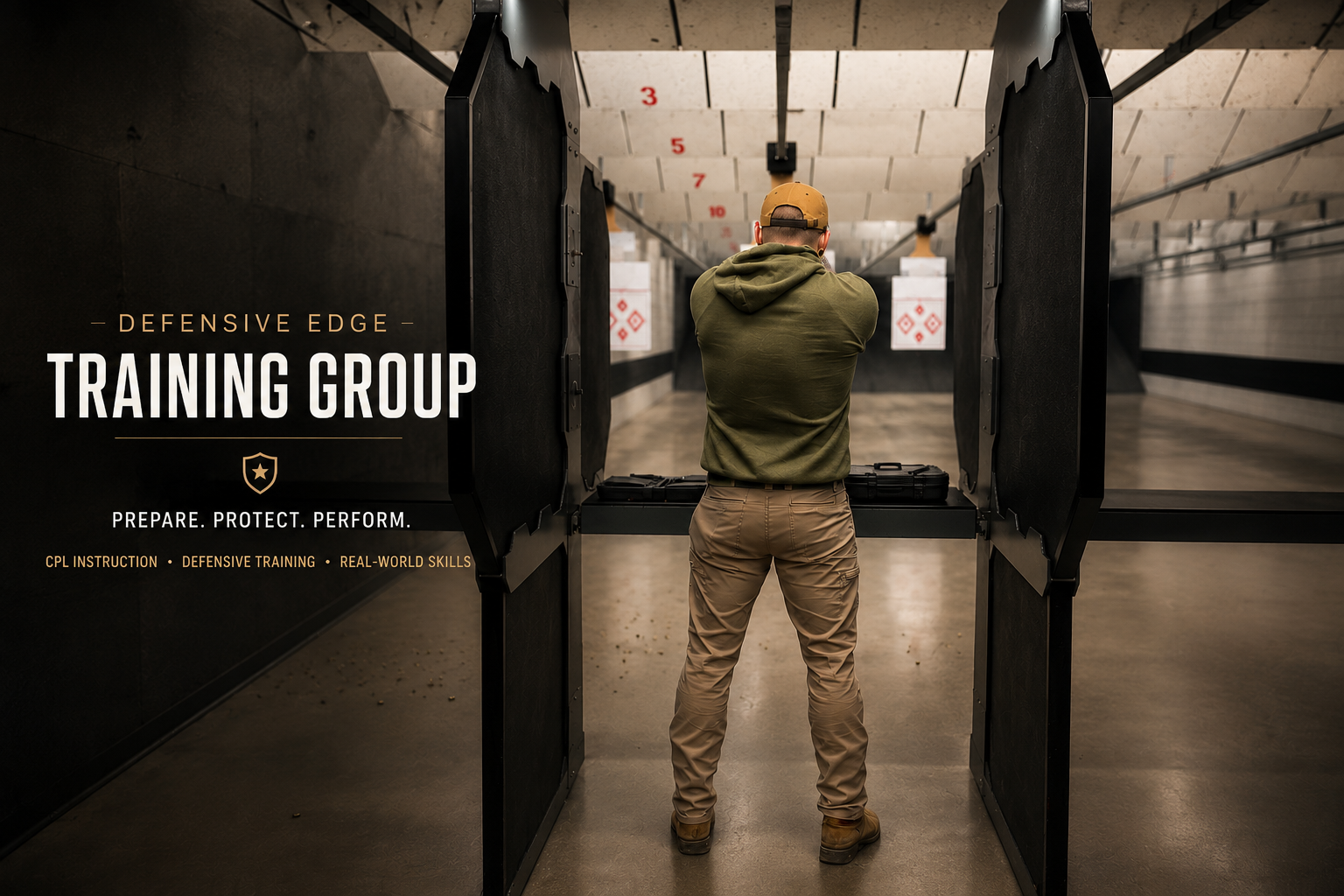 A man in tactical gear at an indoor shooting range, aiming at targets in the distance. Text overlay promotes defensive edge training, including CPL instruction, defensive training, and real-world skills.