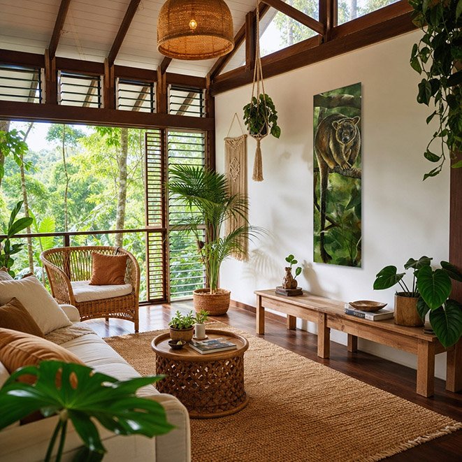 Original Chalanni wildlife artwork featuring a tree kangaroo displayed on the wall of a Queensland pole home