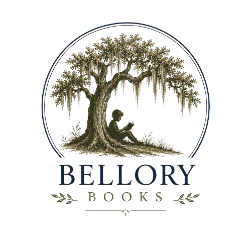 A logo for Bellory Books featuring a silhouette of a boy reading under a large tree with hanging moss, encircled by a wave design, with the text "Bellory Books" below.