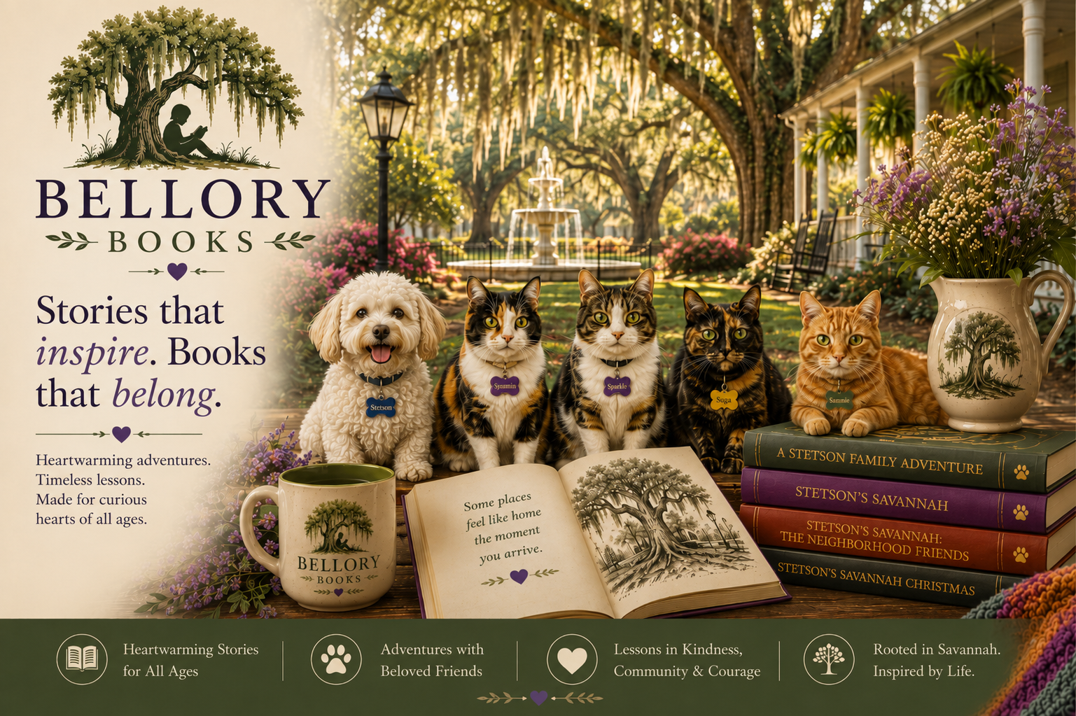 A colorful outdoor scene with a fountain, trees, and flower bushes in the background. In the foreground, five pets including a dog and four cats sit on a table surrounded by books, a mug with a tree illustration, a large flower vase, and an open book.