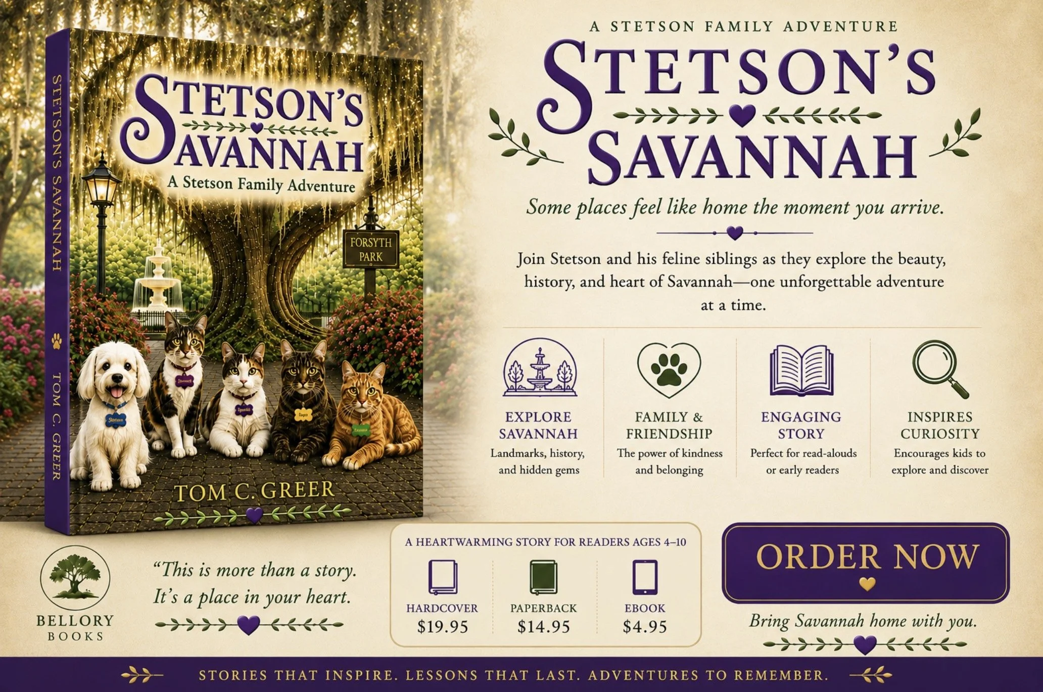 Book cover for 'Stetson's Savannah' by Tom C. Greer, featuring a large tree with fairy lights, a fountain, and photos of a dog and four cats with name tags, set in Forsyth Park in Savannah.