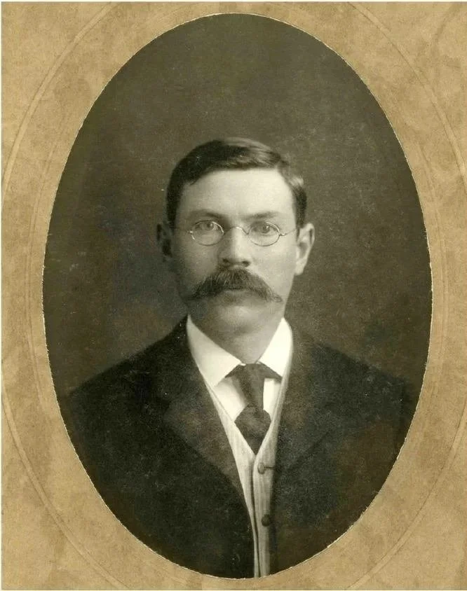 Black and white portrait of Professor Peder P. Hornsyld became Solvang's first librarian.