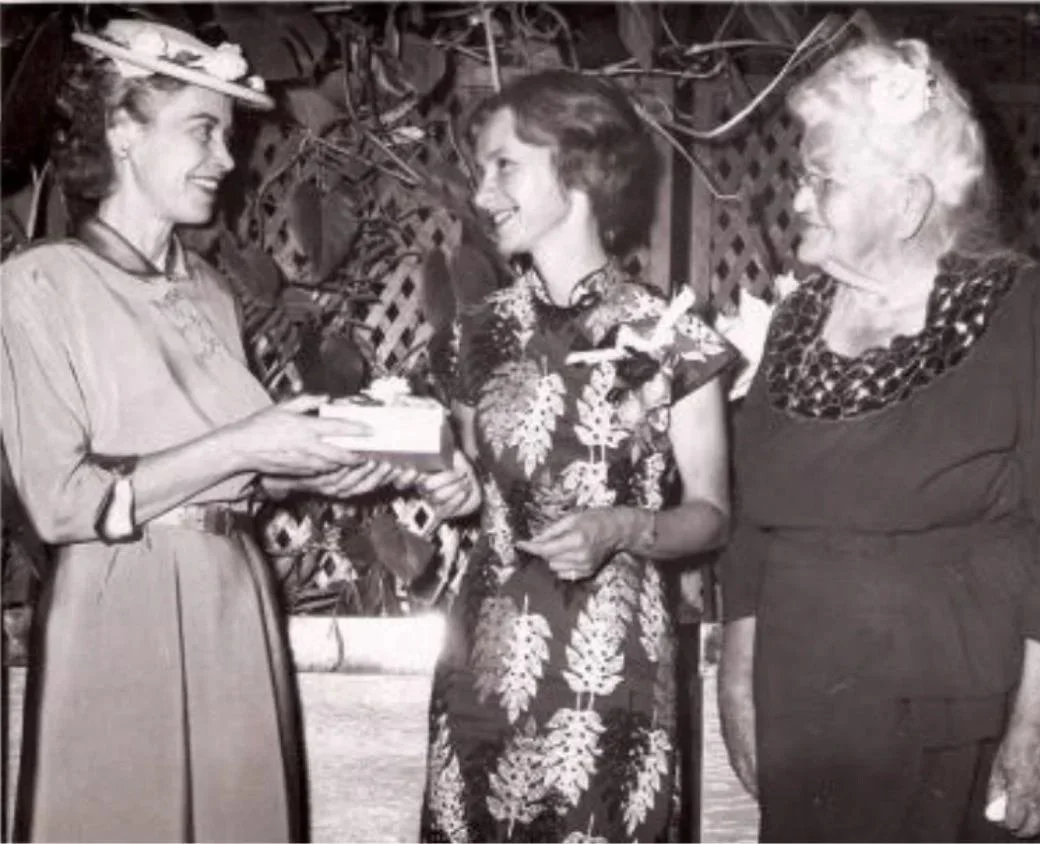 1959 A grateful Kit Franks, Solvang Branch Supervisor, thanks Florence Markgraf and Grace Davison for their work in moving the library.
