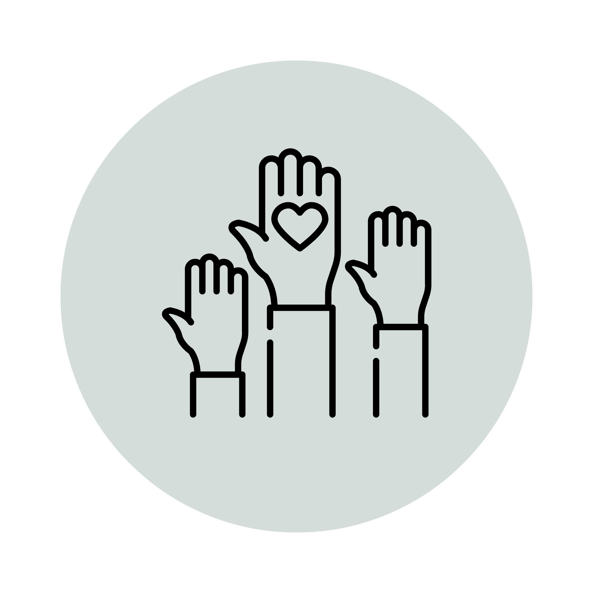 A graphic icon featuring multiple hands with hearts on the palms inside a circular background.