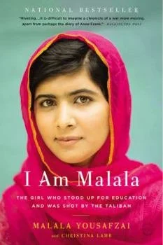 Book cover of 'I Am Malala' featuring a portrait of Malala Yousafzai wearing a pink headscarf with a yellow border, with a teal background and white text.