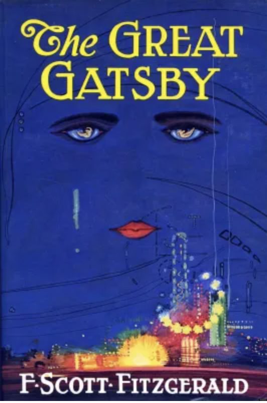 The cover of the book "The Great Gatsby" by F. Scott Fitzgerald features a blue background with an illustration of a woman's face with golden eyes and red lips, and a cityscape with fireworks at the bottom.