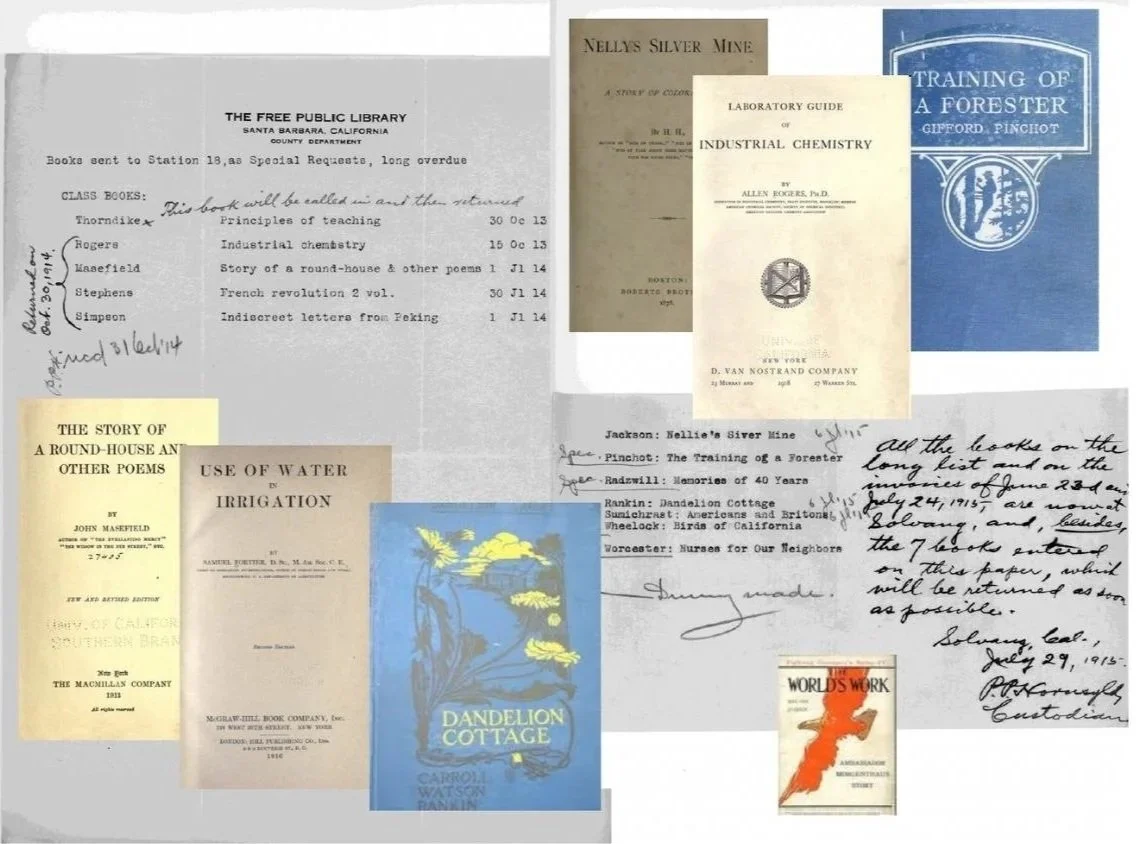 A collage of old books, handwritten notes, and typed documents related to library, chemistry, and poetry, including titles like 'Nelly's Silver Mine,' 'Training of a Forester,' and 'Dandelion Cottage.'