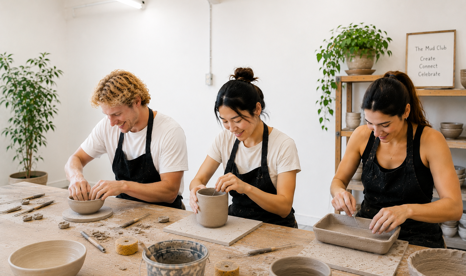 Three people smiling and working on pottery projects at a workshop table. They are wearing black aprons, and each has a different stage of glazed clay pots. The workshop has shelves with pottery and a framed sign on the wall.