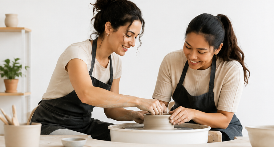 Two women smiling and working together on a pottery wheel in a studio, both wearing aprons.