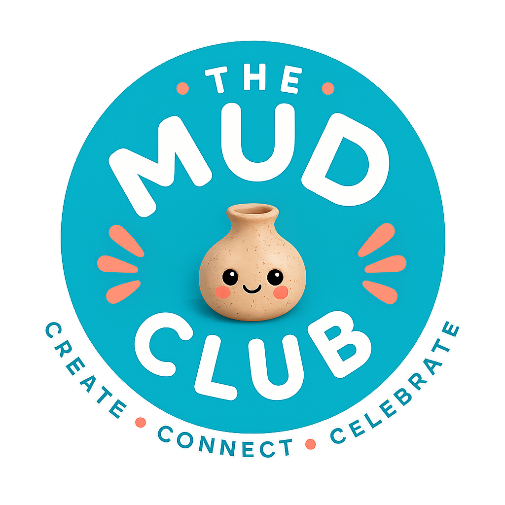 Logo for 'The Mud Club' featuring a smiling clay pot with a face, on a blue background with the words 'Create, Connect, Celebrate'.