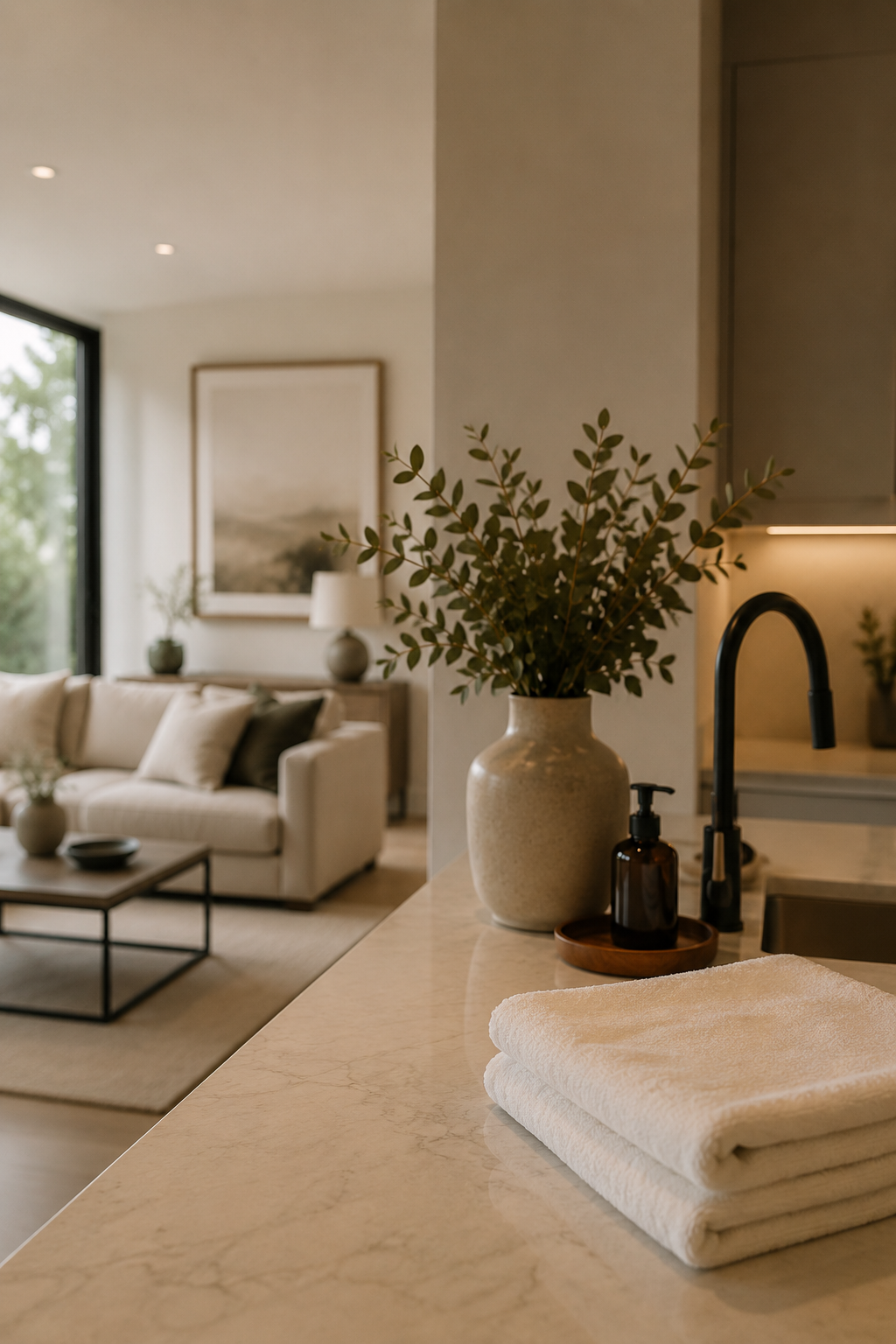 A marble kitchen countertop with a folded white towel, a vase with green leafy branches, a brown soap dispenser, and a black kitchen faucet. The background shows a living room with a cream sofa, decorative pillows, a wooden coffee table, a framed landscape picture, lamps, and large window with greenery outside.