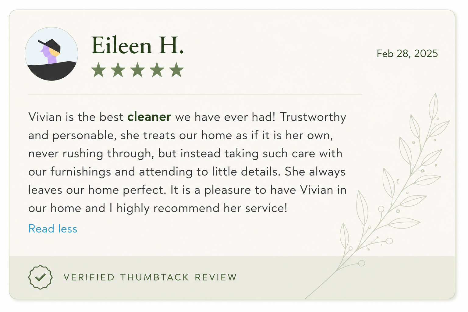 Customer review for Vivian, a cleaning service, praising her trustworthiness and attention to detail, rated five stars, verified thumbtack review, dated February 28, 2025.