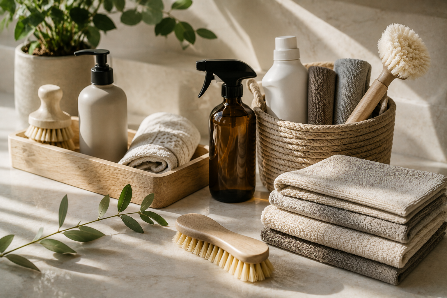 Bathroom countertop with towels, cleaning supplies, brushes, and a potted plant.
