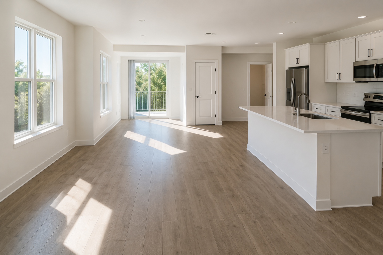 Empty, modern apartment interior with large windows, light wood flooring, white walls, and a kitchen with white cabinets, stainless steel appliances, and a large island.