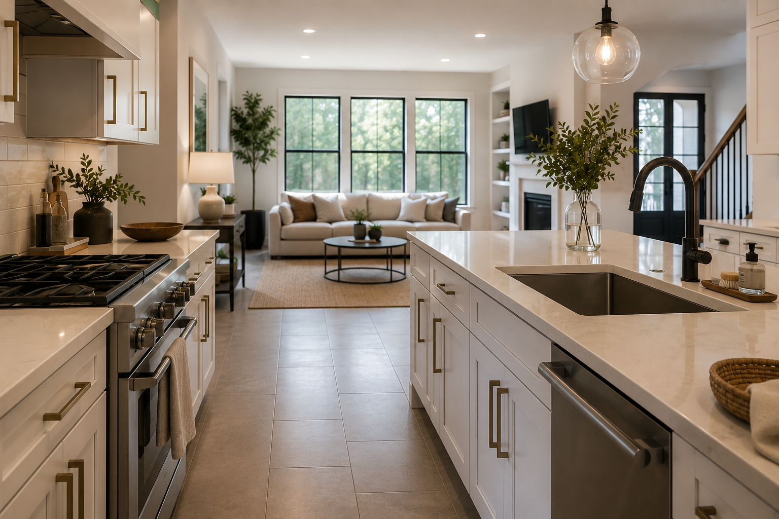 Open kitchen and living room with white cabinetry, marble countertops, stainless steel appliances, a beige sofa, coffee table, and large windows with greenery outside.