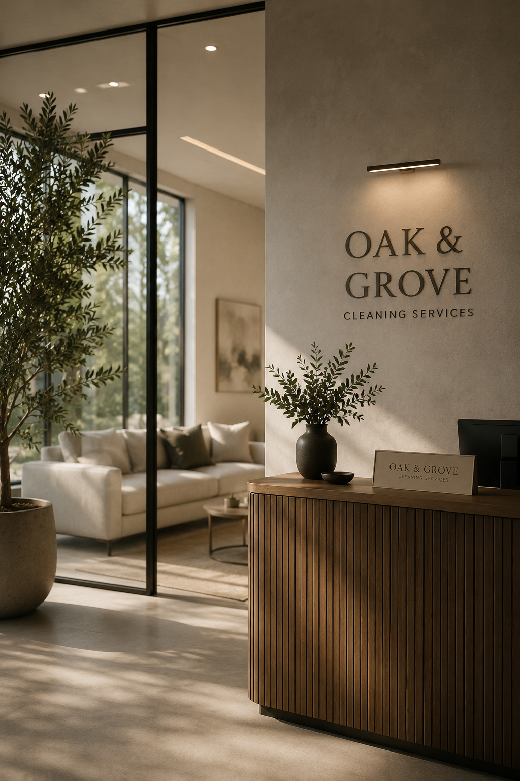 Interior view of the reception area of Oak & Grove Cleaning Services, featuring a modern wooden reception desk with a black vase and green plant, a white sofa with throw pillows, and large windows letting in natural light.