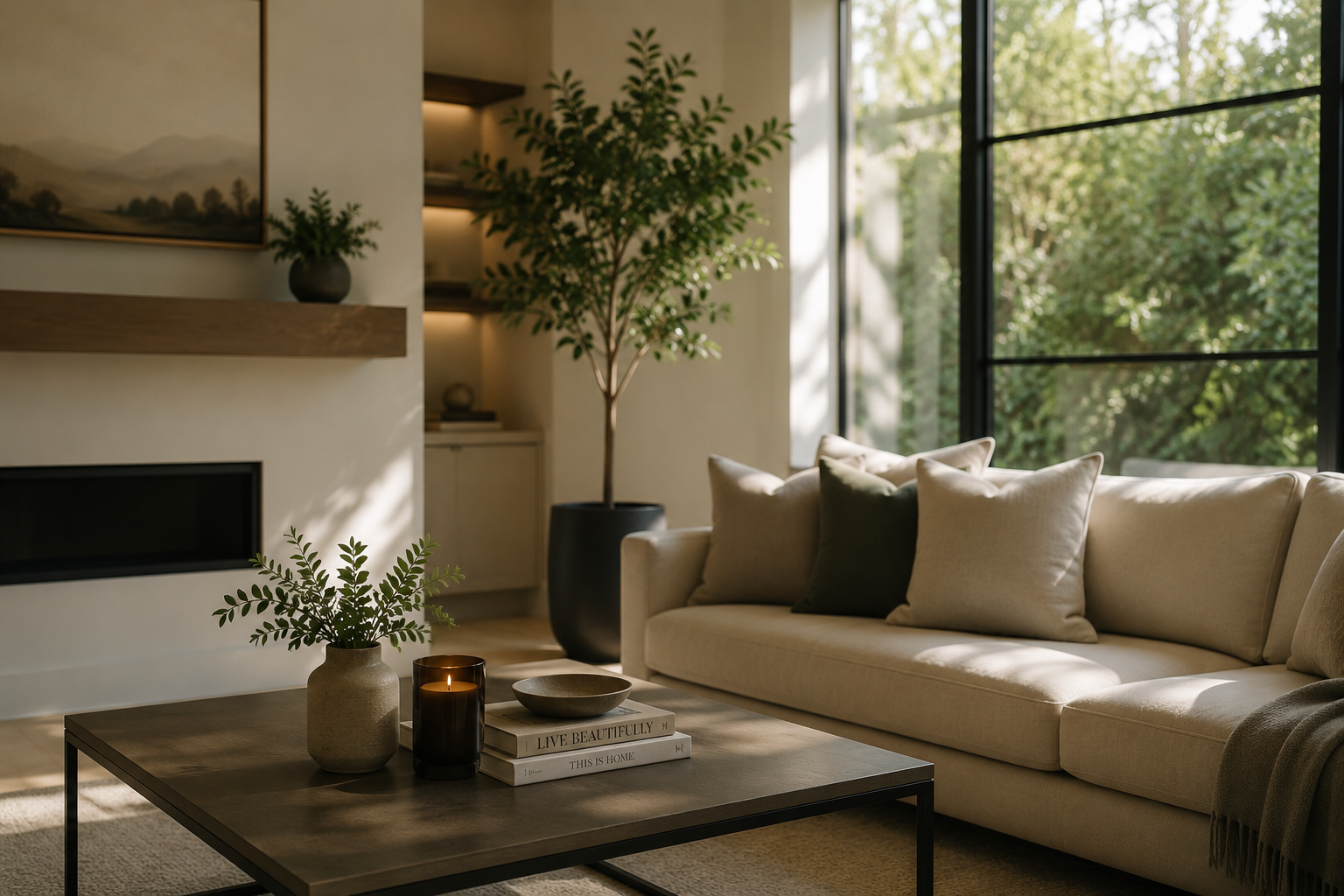 A modern living room with a cream sofa, several cushions, a wooden coffee table with decorative items including a vase with greenery, candles, and books. Large windows let in natural light and show greenery outside. A tall potted plant is in the corner, and there is a built-in shelf and a painting on the wall.