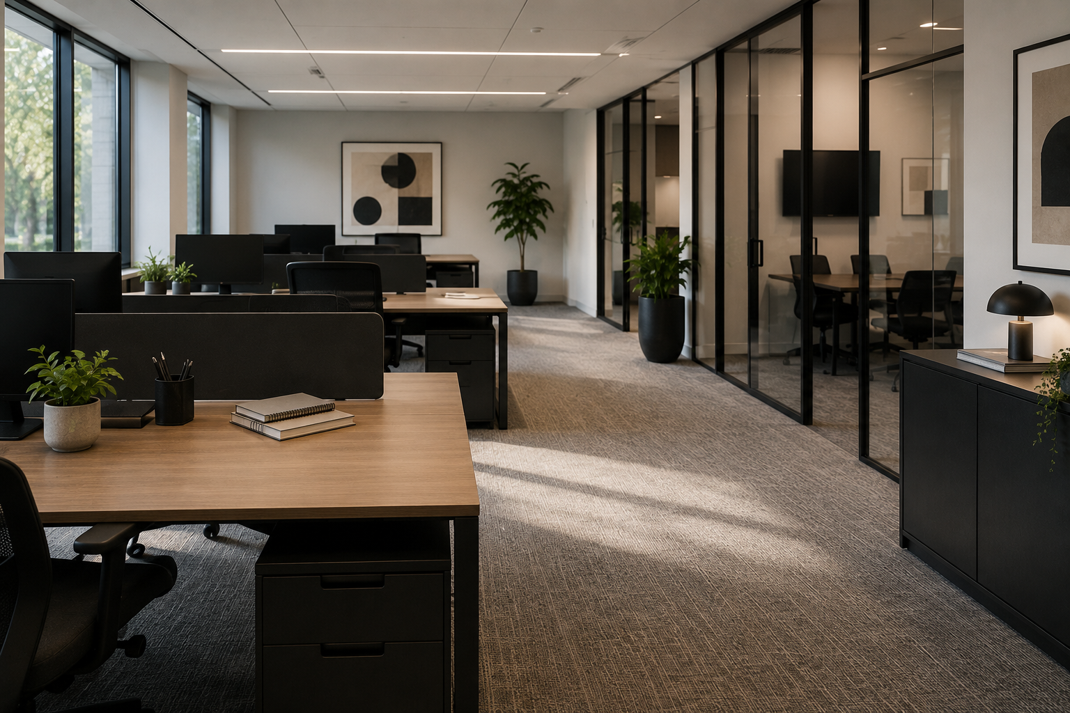 Empty modern office space with desks, chairs, potted plants, and glass-walled meeting rooms.