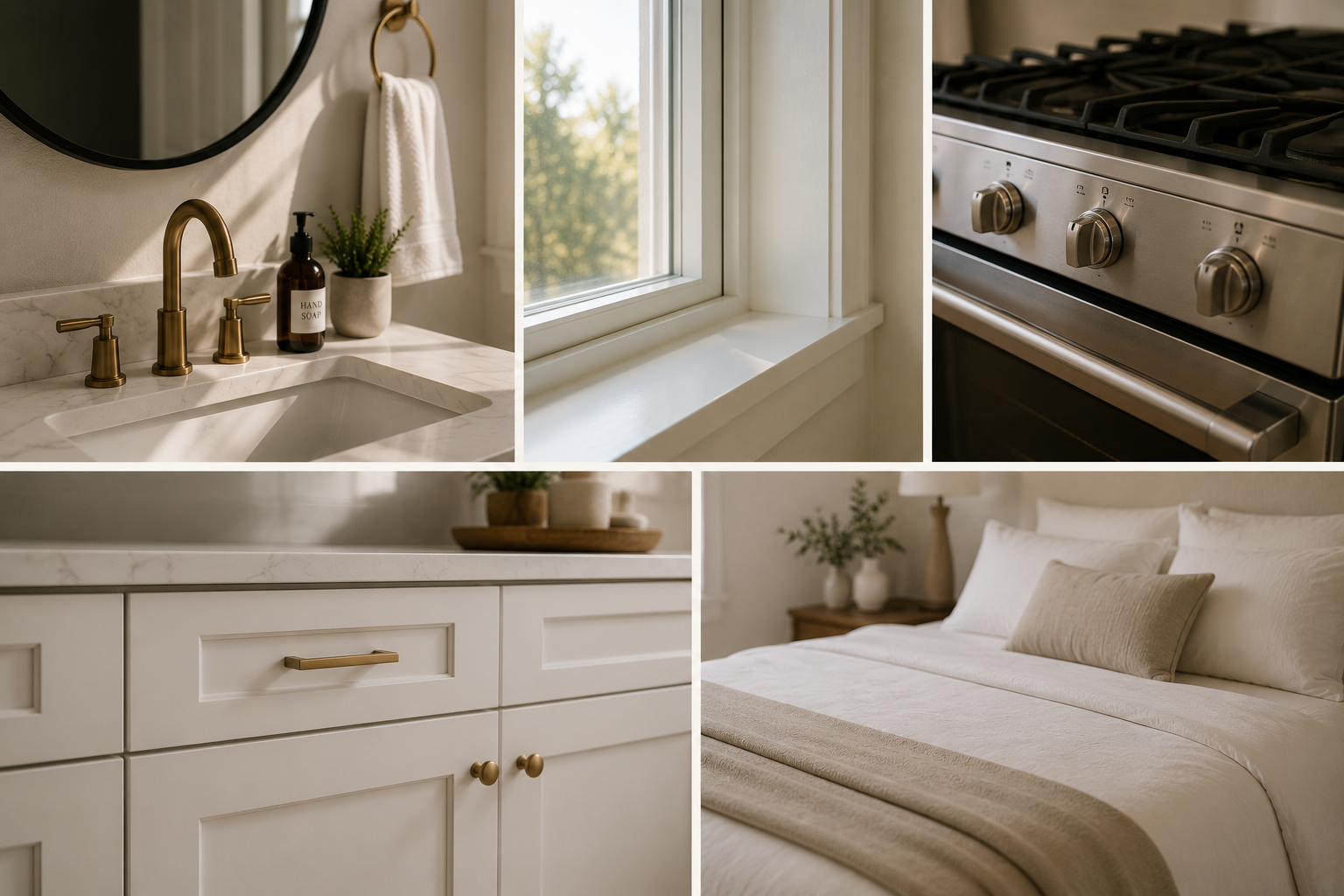 A collage of five images showing a bathroom vanity with a sink and gold fixtures, a window with a white sill, a kitchen stove with stainless steel knobs, a white kitchen cabinet with a marble countertop, and a neatly made bed with white bedding and pillows in a bedroom.