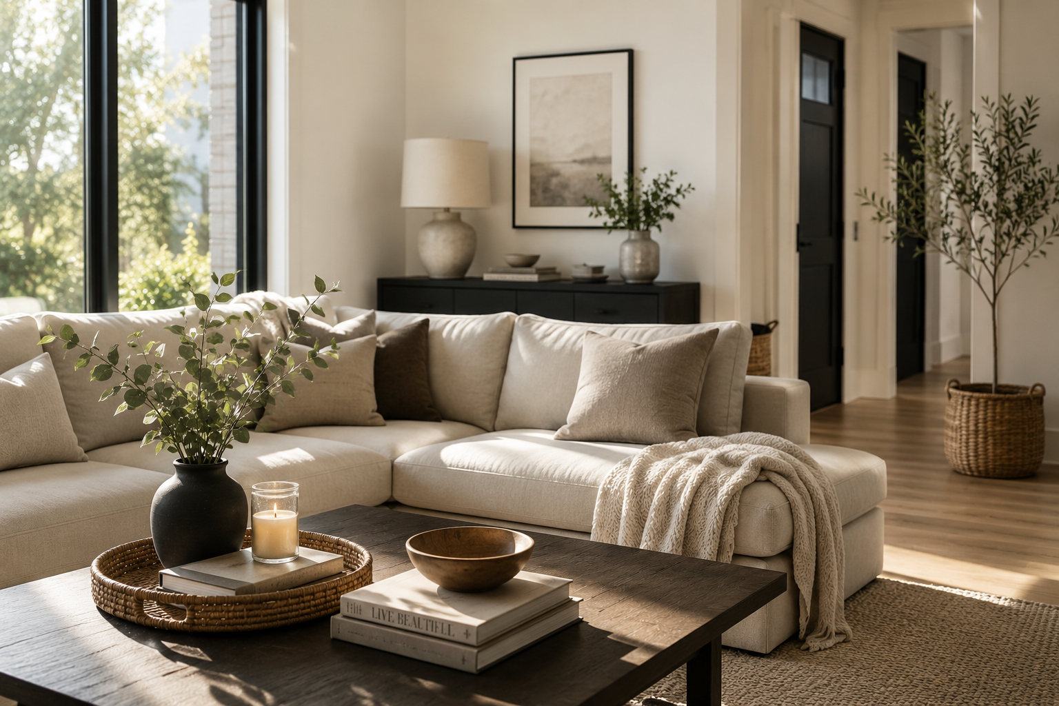 Bright living room with a white sectional sofa, beige and brown pillows, and a blanket, near black-framed windows. Decor includes a black vase with green leaves, candles, books, and a wooden bowl, with a black cabinet, framed artwork, table lamp, and potted plants.