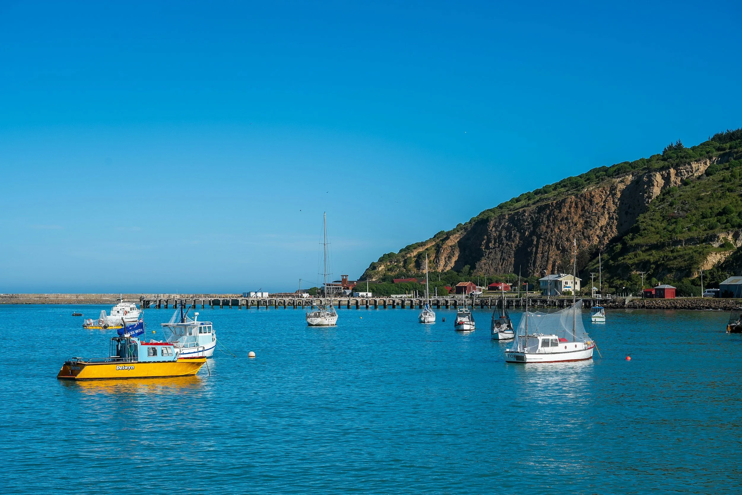 Boats docked in a harbor with a mountain in the background under a clear blue sky.