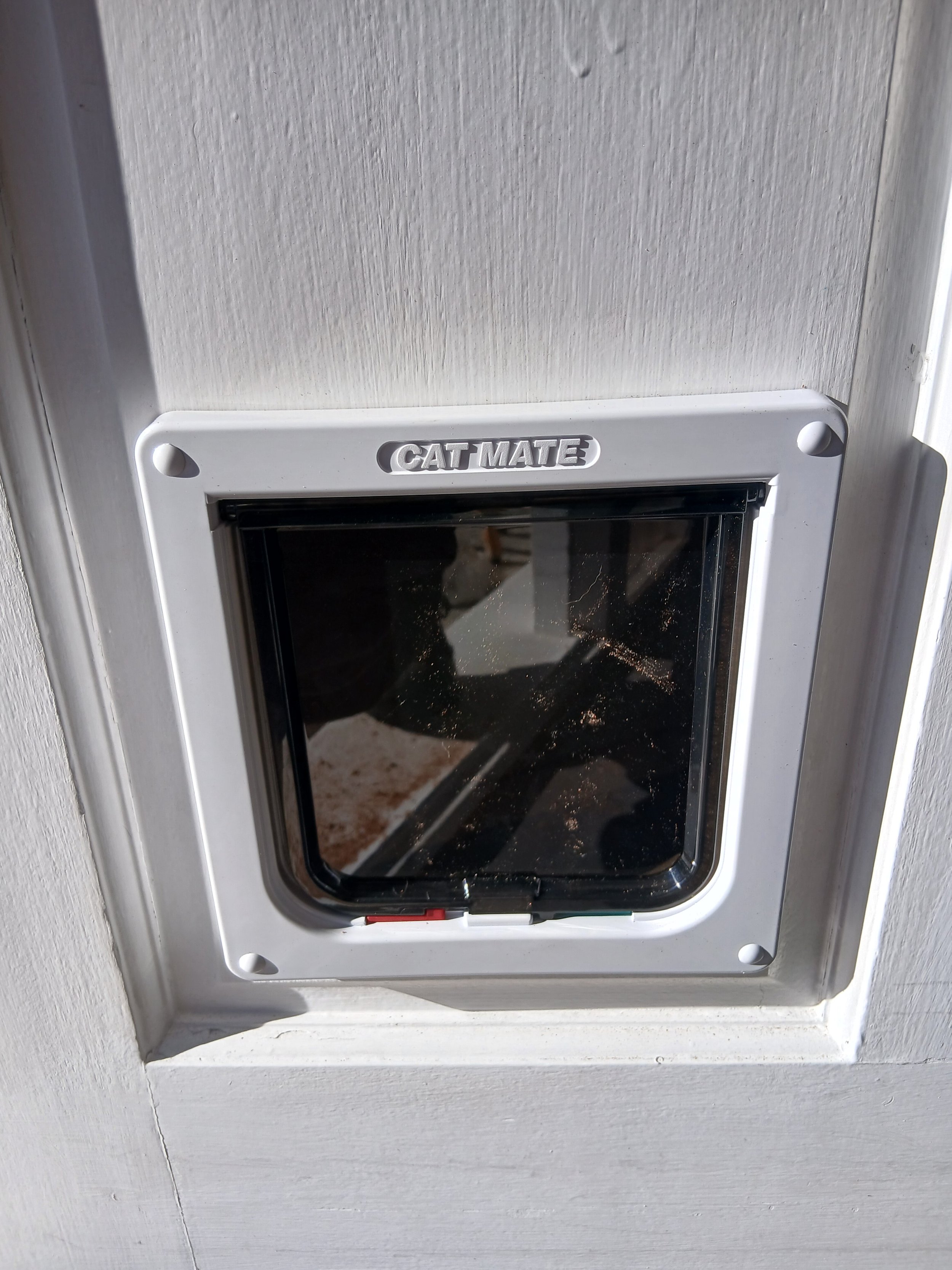 White pet door with a black flap, mounted on a white wall. The pet door has the brand name 'CAT MATE' embossed at the top. Pet door supply and fit