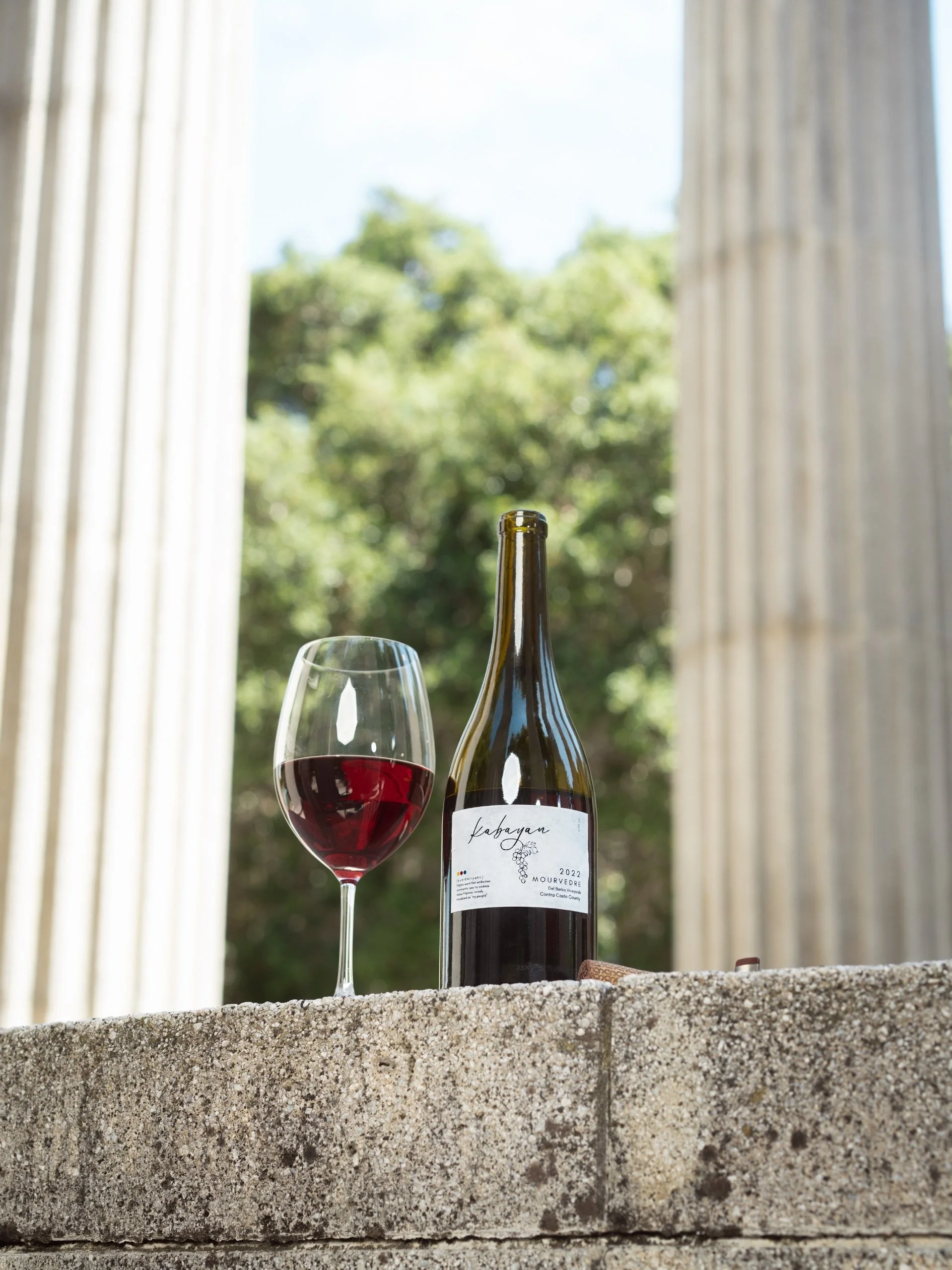 A glass of red wine and a wine bottle with a label, placed on a stone surface outdoors with trees and a sky in the background, framed by curtains.