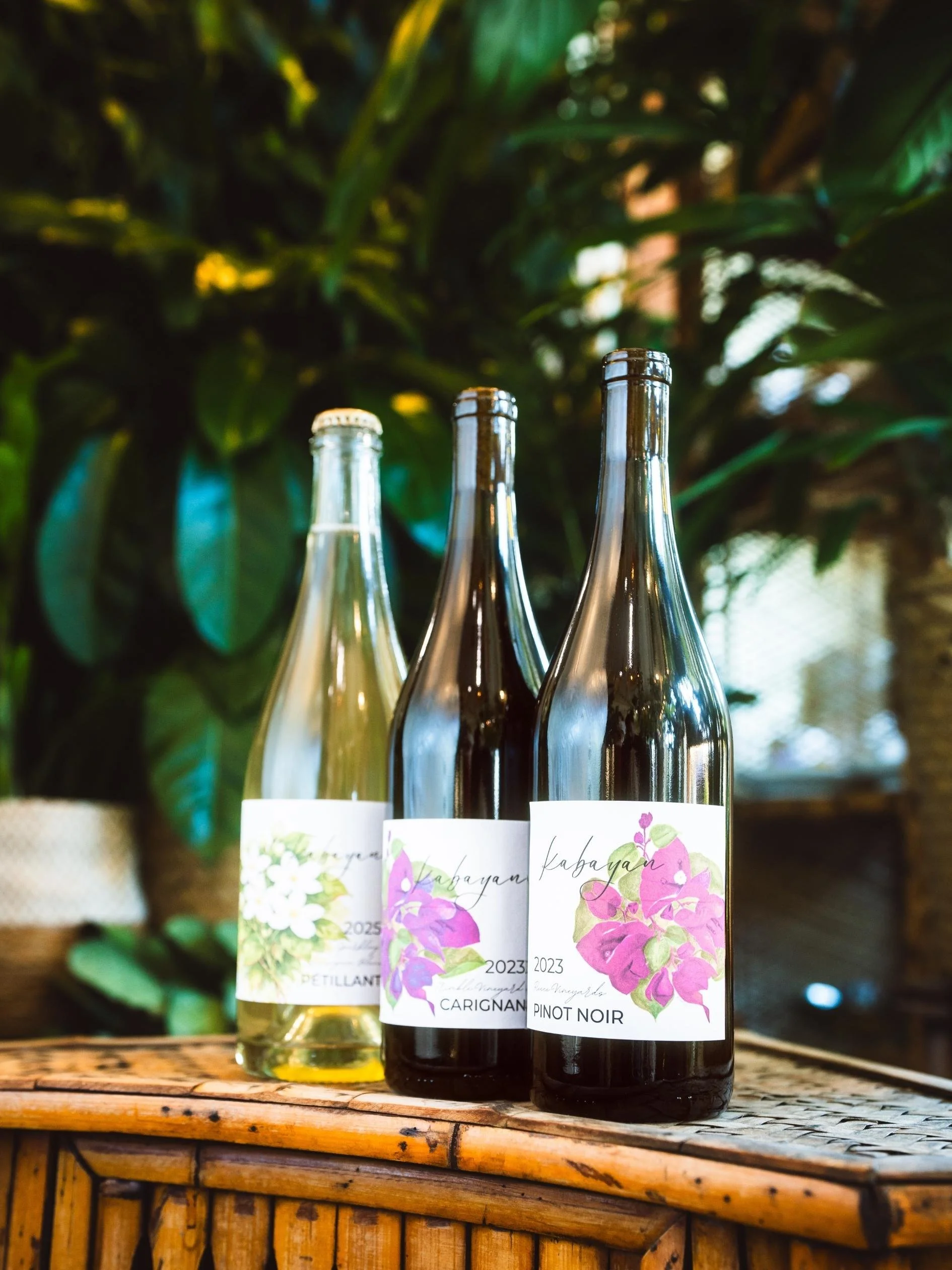 Three bottles of wine on a wooden surface with a blurred green leafy background.