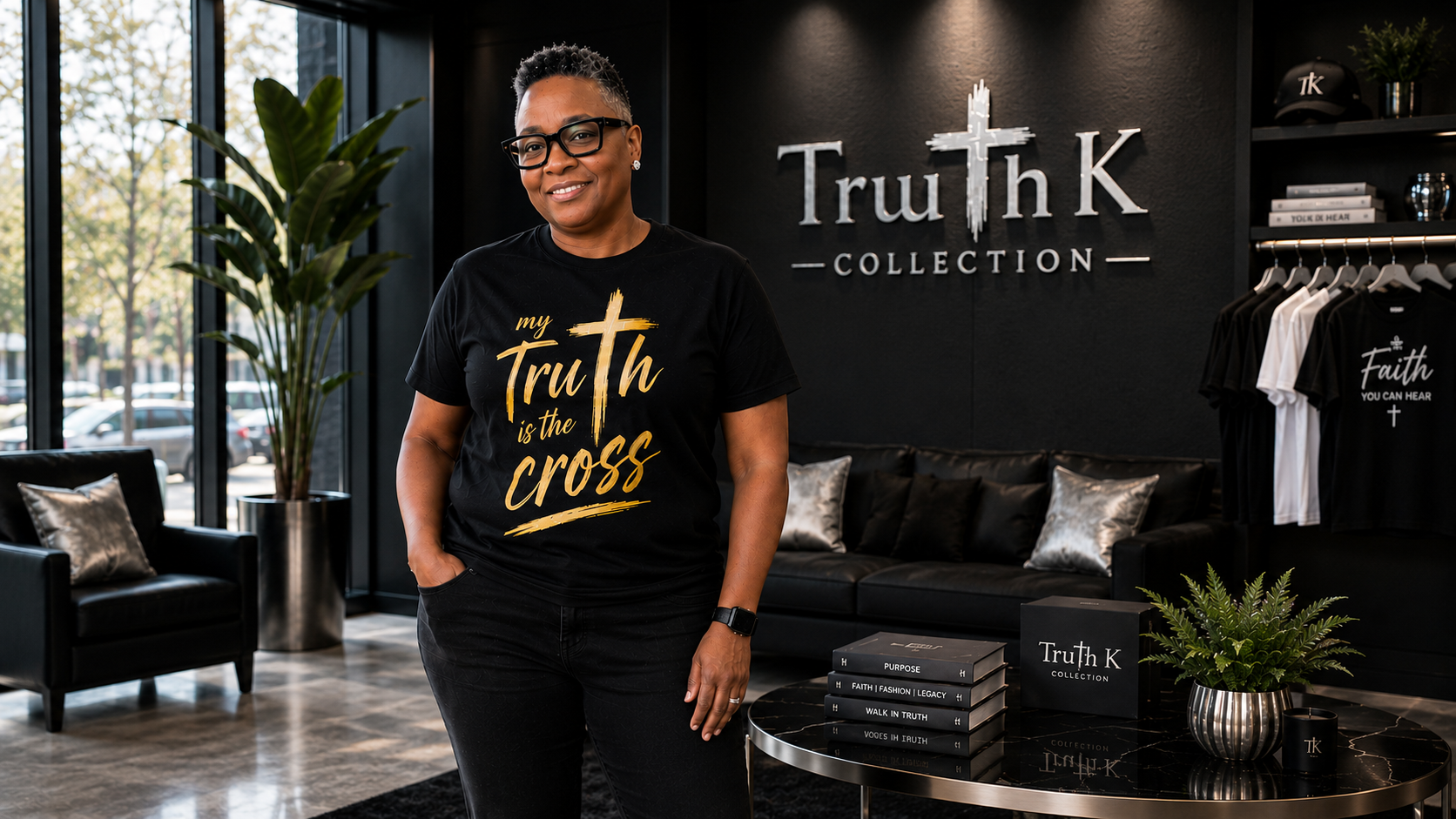 A woman standing inside a modern showroom with a black interior, large windows, and a black leather sofa. She is wearing a black t-shirt with gold text reading 'my truth is the cross' and glasses. Behind her on the wall is a sign that says 'Truth K COLLECTION'. There are shelves with shirts, a potted plant, and a table with books and decorative items.