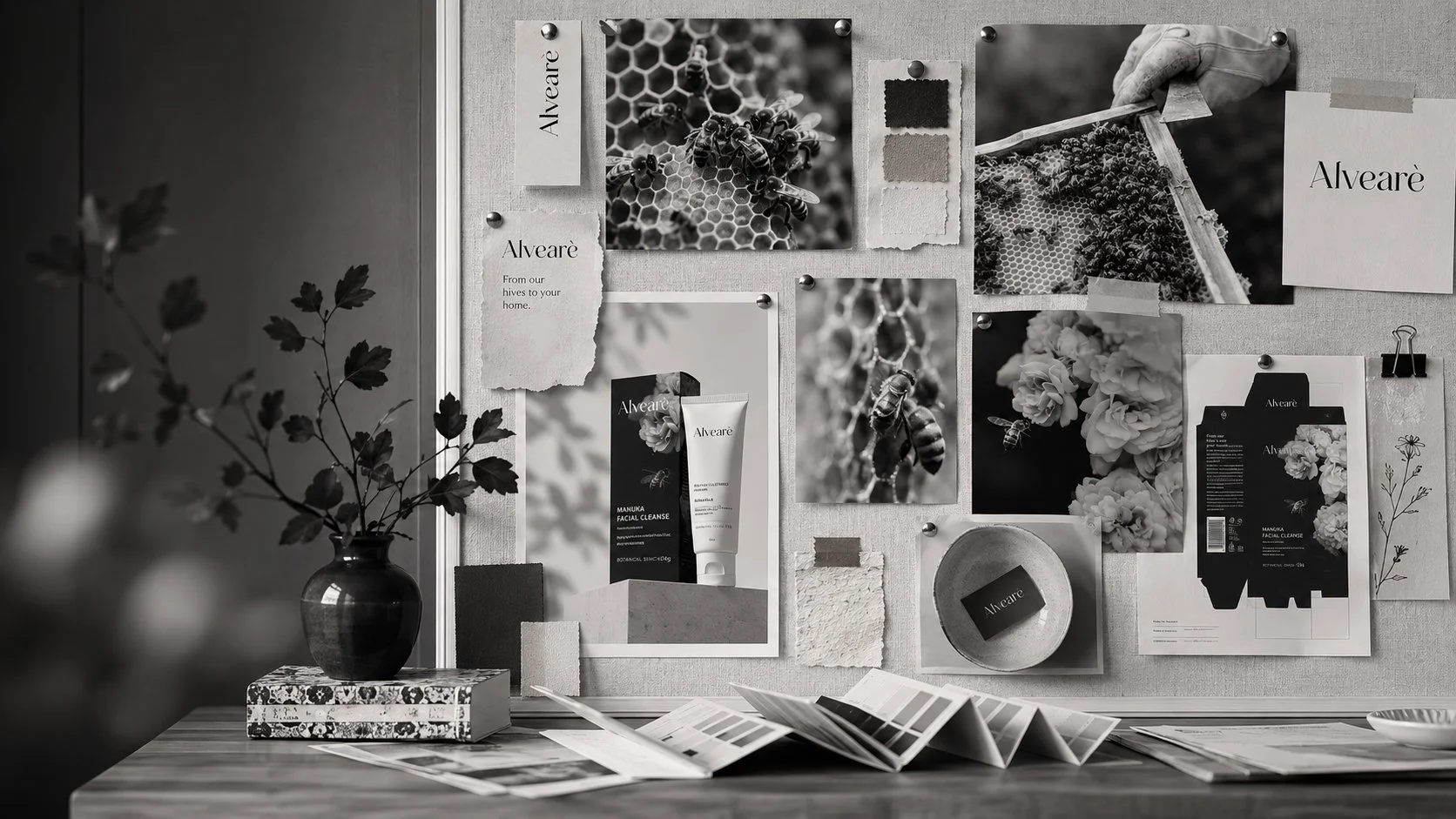 A black and white workspace featuring a corkboard with various photos of bees, honeycombs, and flowers, along with product packaging and printed material, a vase with plant, and a table with color swatches.