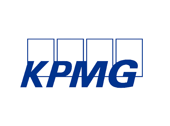 KPMG logo in blue on a black background