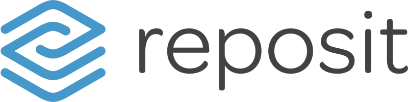 Reposit logo with blue geometric icon and dark gray lowercase text