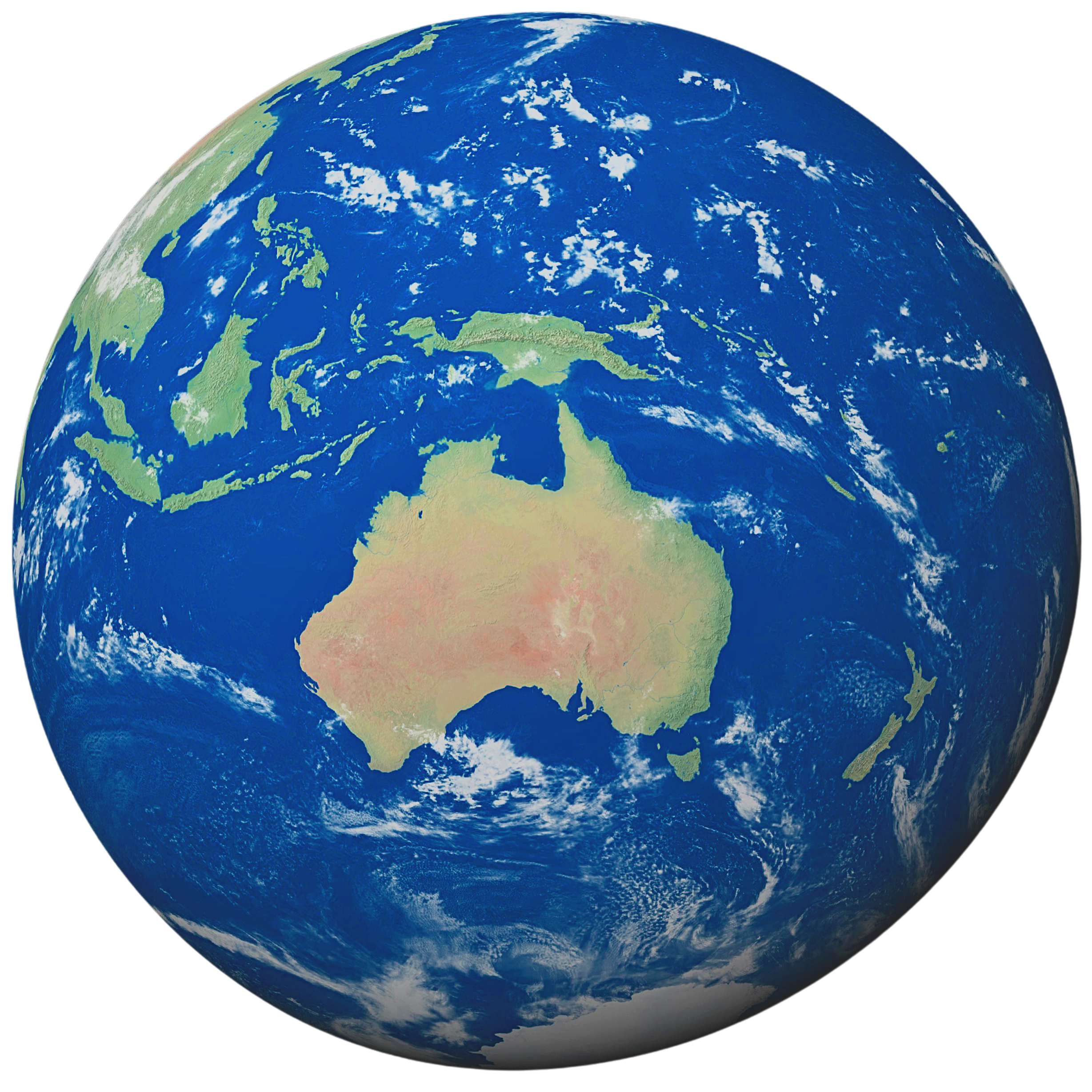 Satellite view of Earth centered on Australia, Southeast Asia, and the Pacific Ocean, with clouds visible.