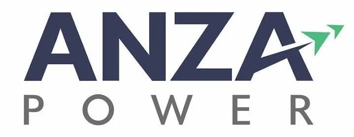 ANZA Power logo in dark blue and gray with green upward arrow accents