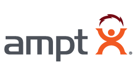 AMPT logo with gray lettering and orange stylized figure beneath a burgundy arc