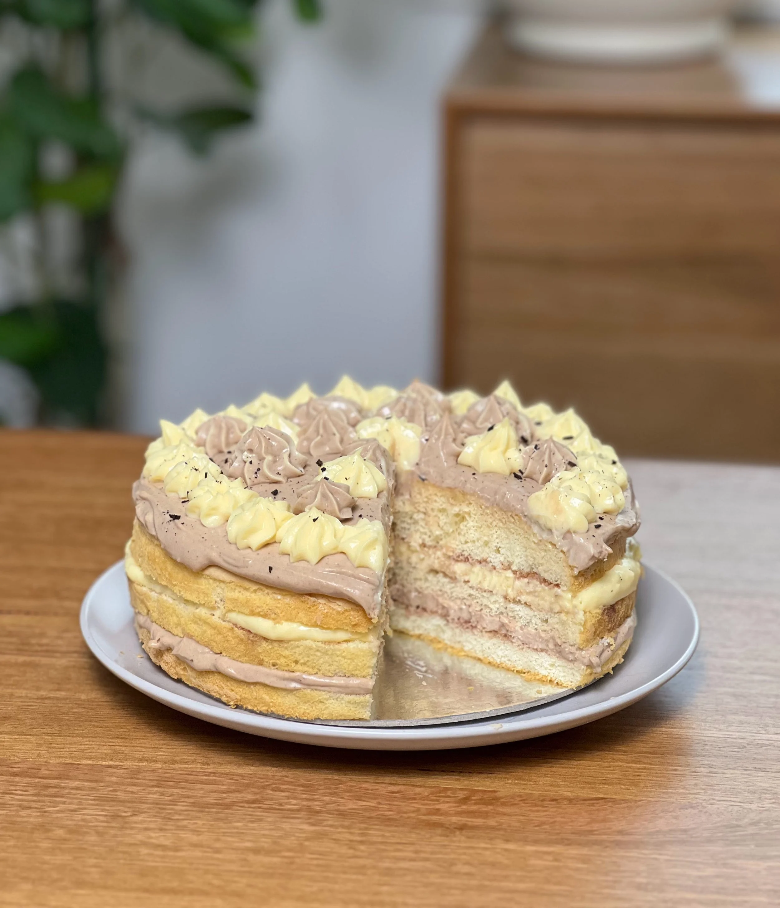 Gluten-Free Vanilla Sponge layered with Vanilla and Chocolate Buttercream