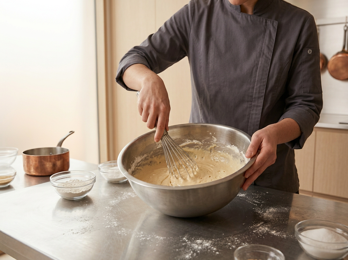 Frances James baker mixing coeliac-safe, gluten-free cake batter in a Melbourne bakery kitchen.