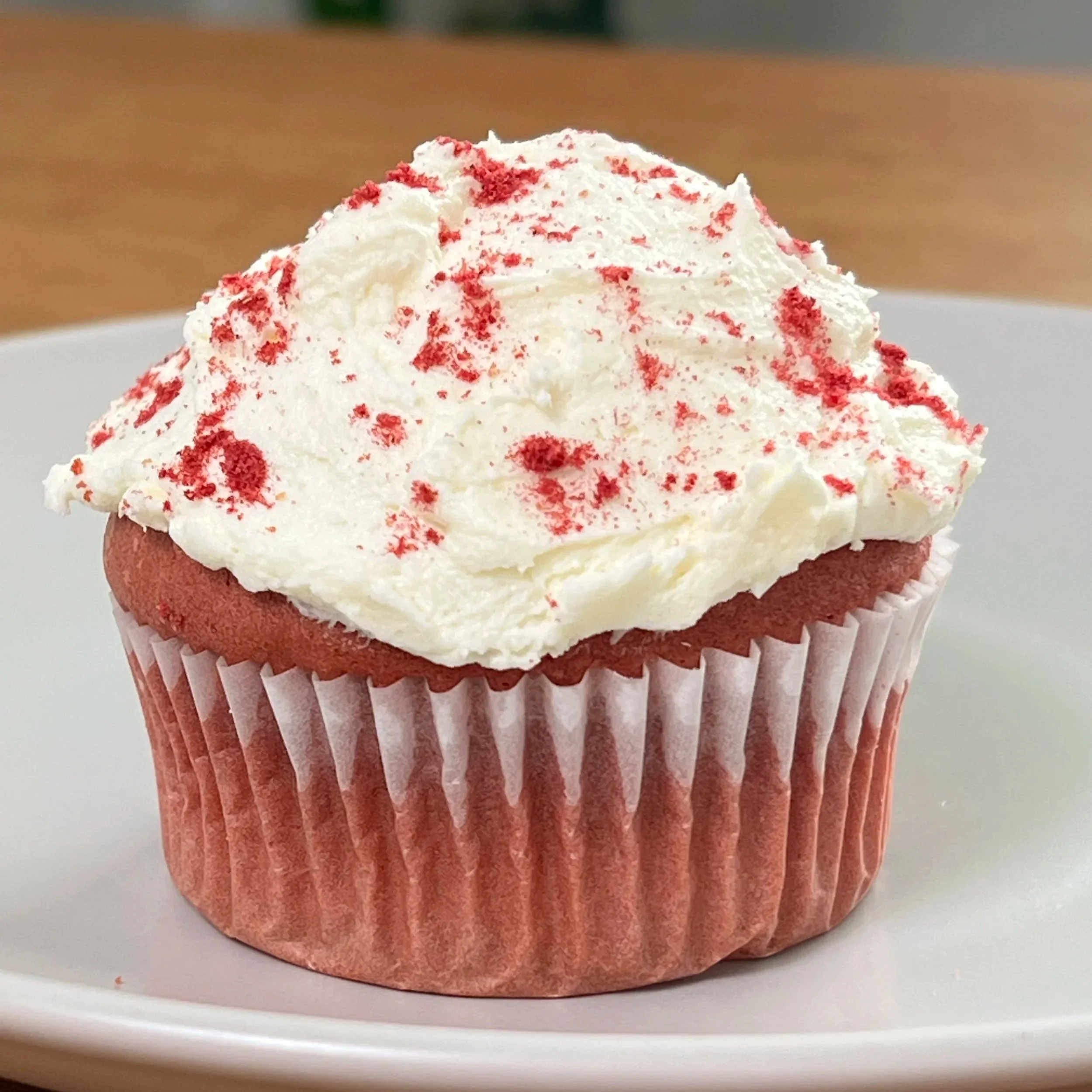 Gluten-Free Red Velvet Cupcakes with Vanilla Buttercream and Dried Raspberry Powder