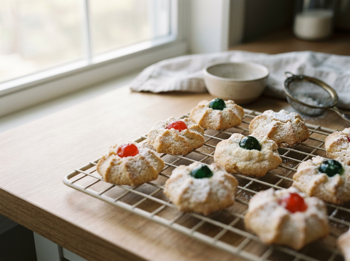 Gluten-Free Coeliac-Safe Italian Almond Biscuits decorated with icing sugar and coloured glacé cherries on a cooling rack.