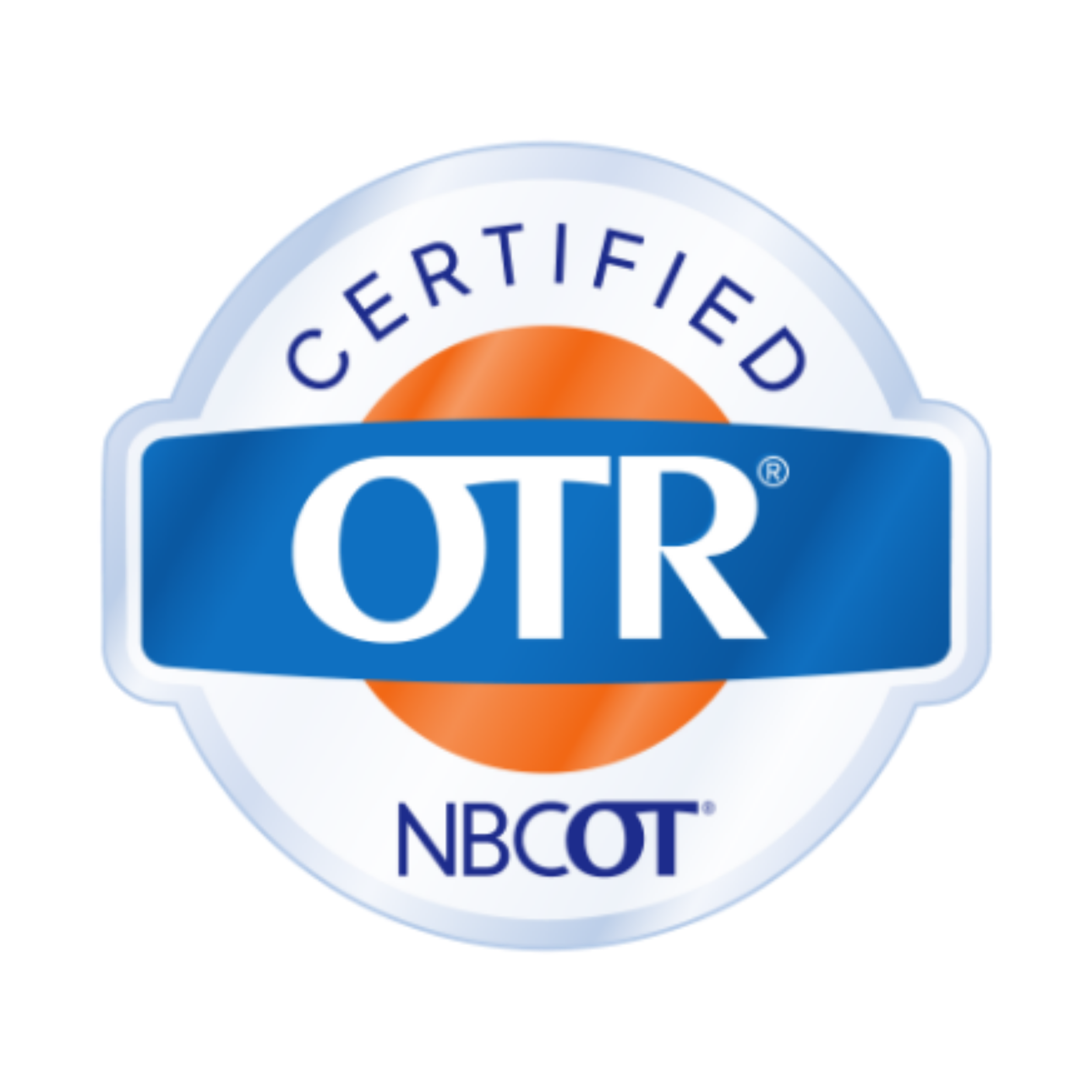 Partial view of a certification badge from NBCOT with a blue and orange design.