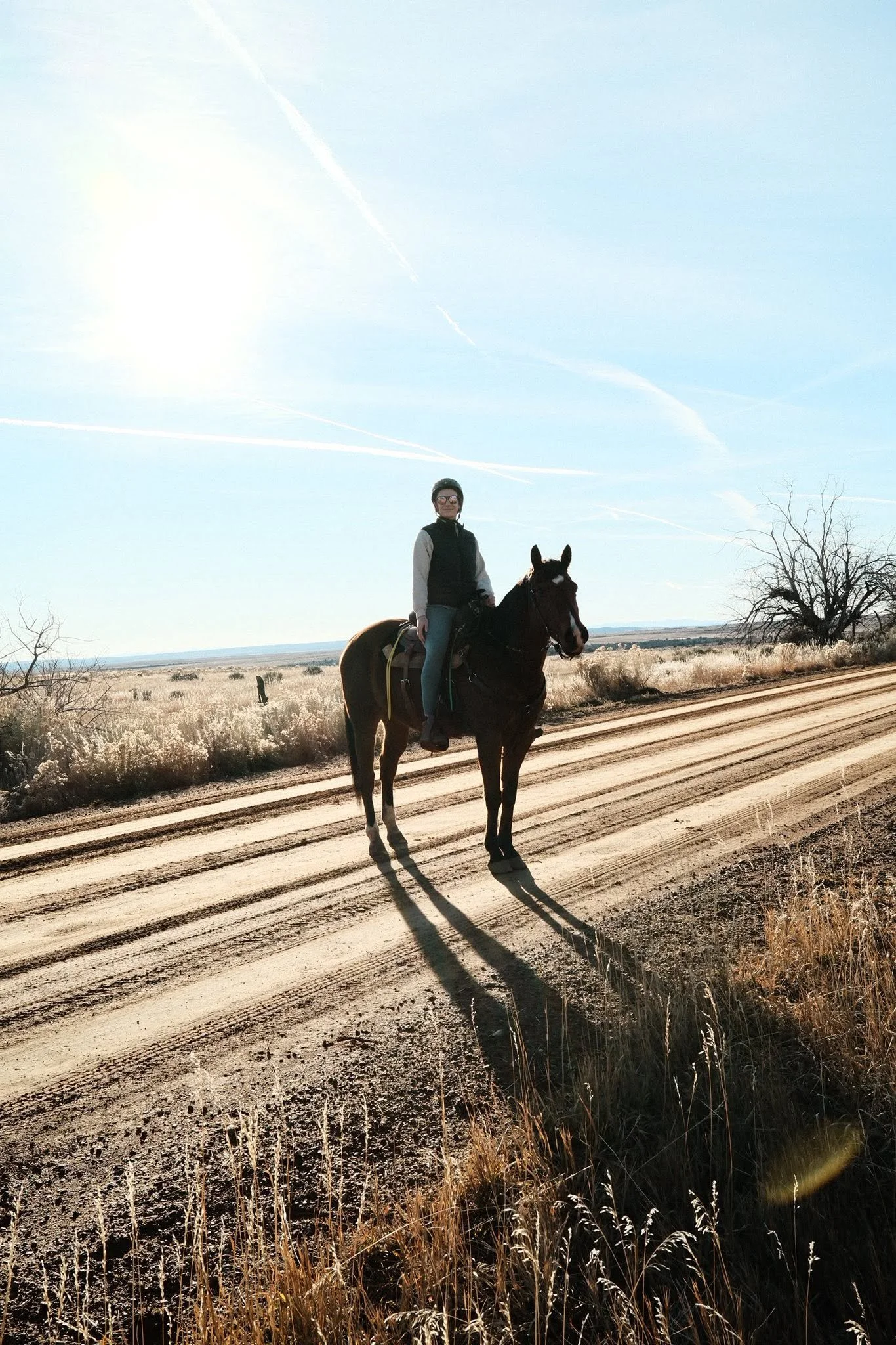 Person riding a horse on a dirt road through a dry, open landscape with sparse vegetation, bare trees, and a vast blue sky with a few thin clouds.