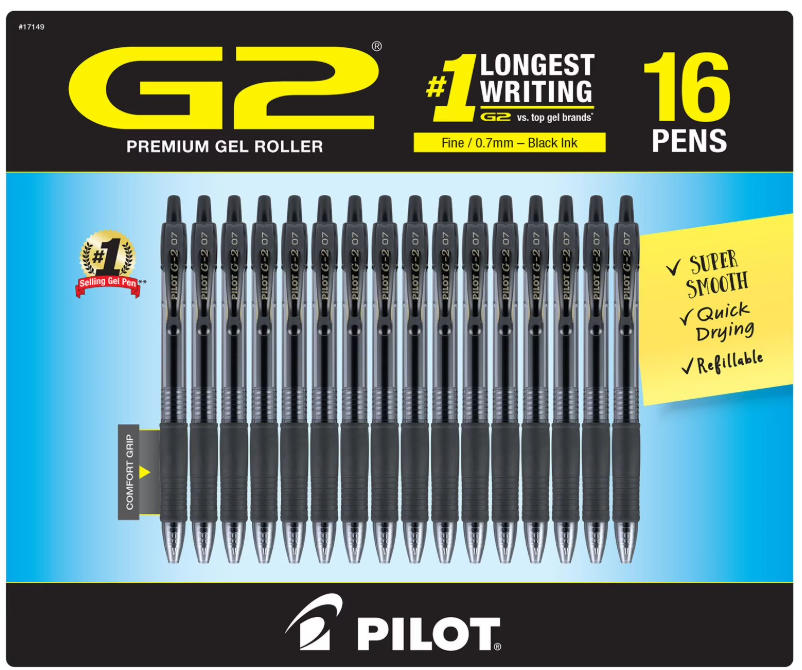 Pilot G2 Retractable Gel Pens, Fine 0.7mm, 16 Pack, Black